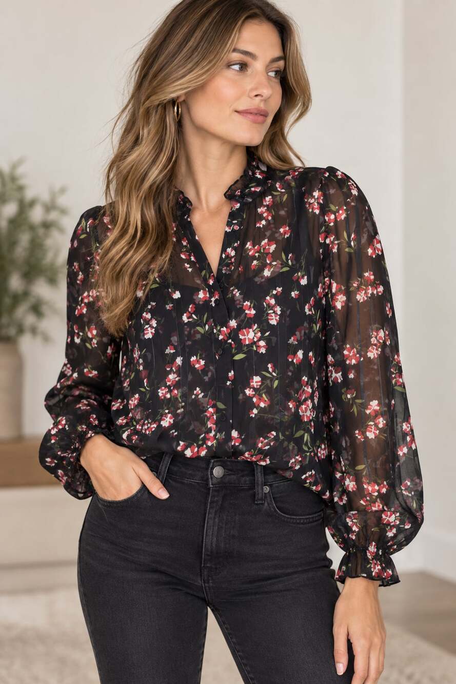 The Shirt Rochelle Behrens Black Floral Sheer Ruffle Collar Blouse Size L
